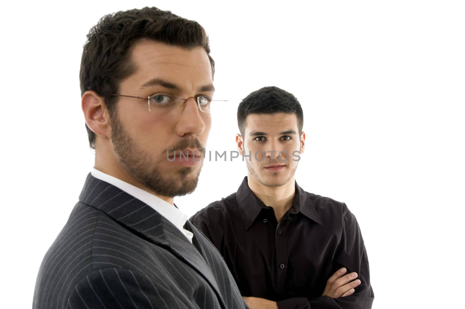 close up view of businesspeople looking at camera with white background