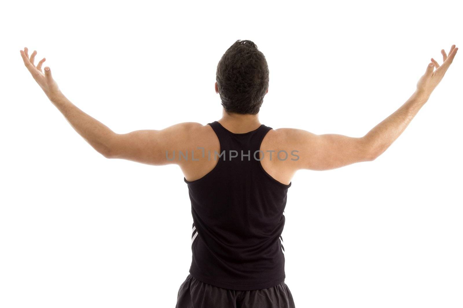 back pose of man with raised arms by imagerymajestic