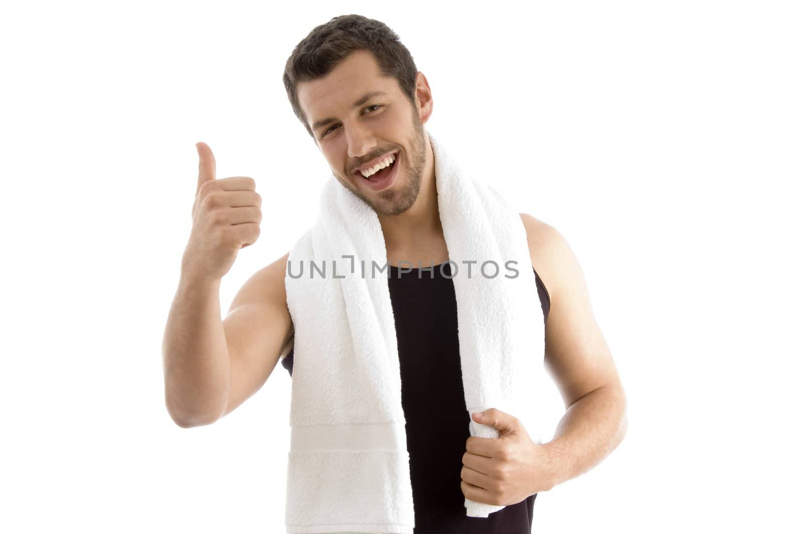 portrait of smiling male with thumbs up against white background