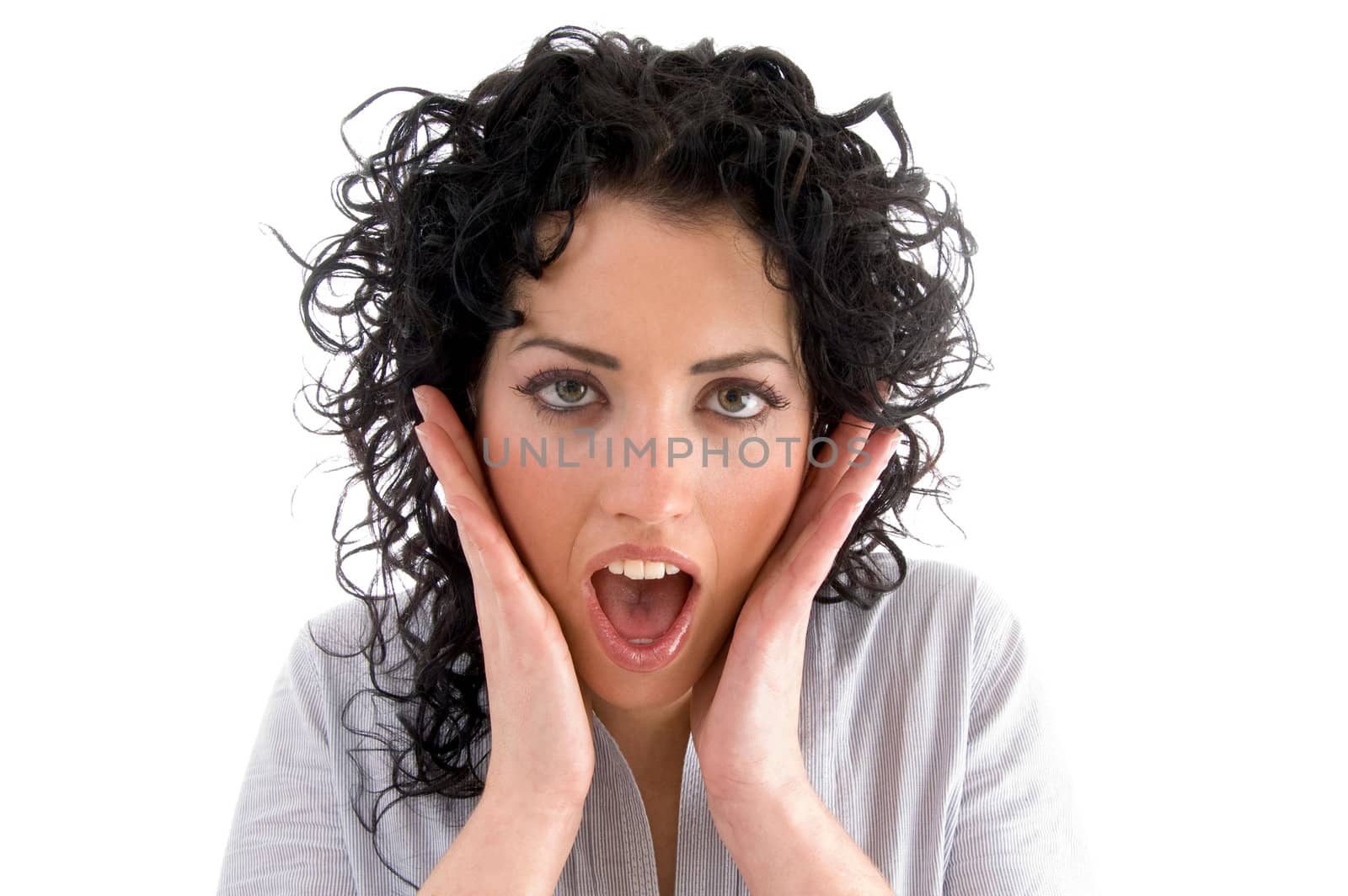 close view of surprised beautiful female against white background