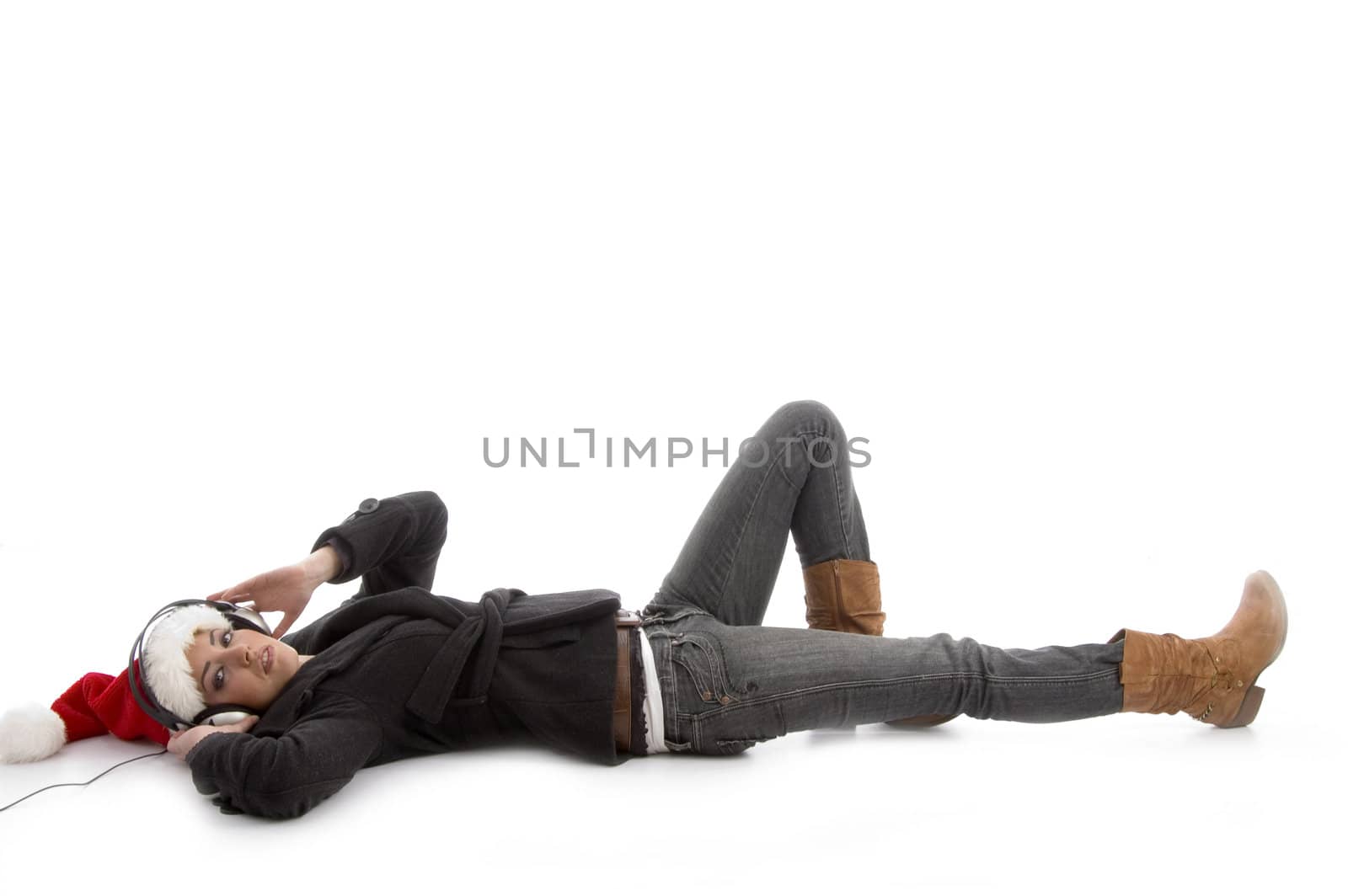 laying woman wearing christmas hat with white background