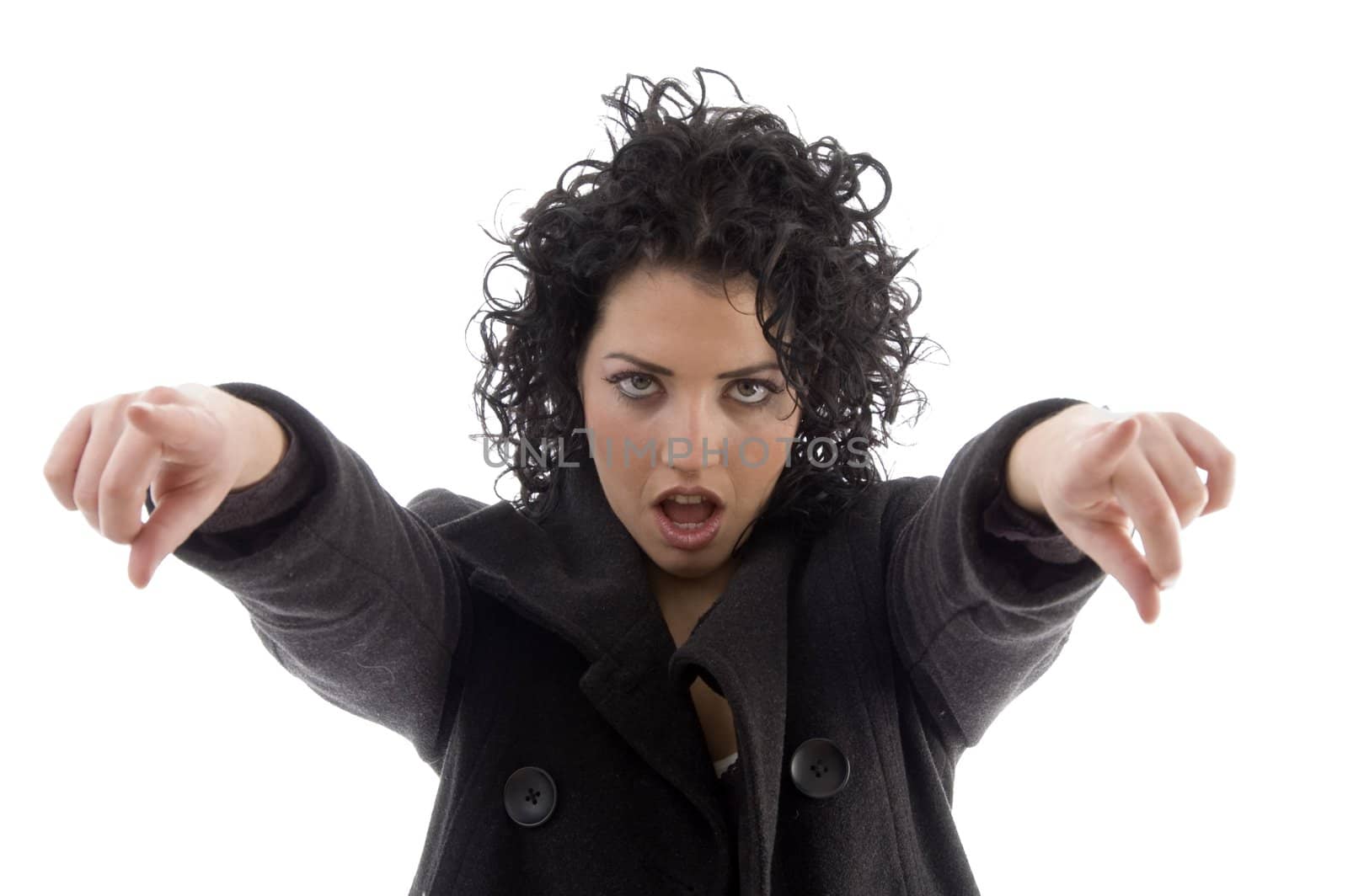 female pointing with both hands with white background