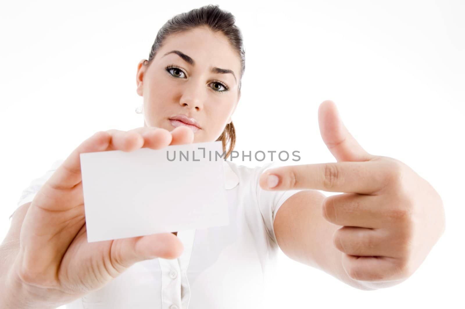 young attractive model pointing towards business card with white background