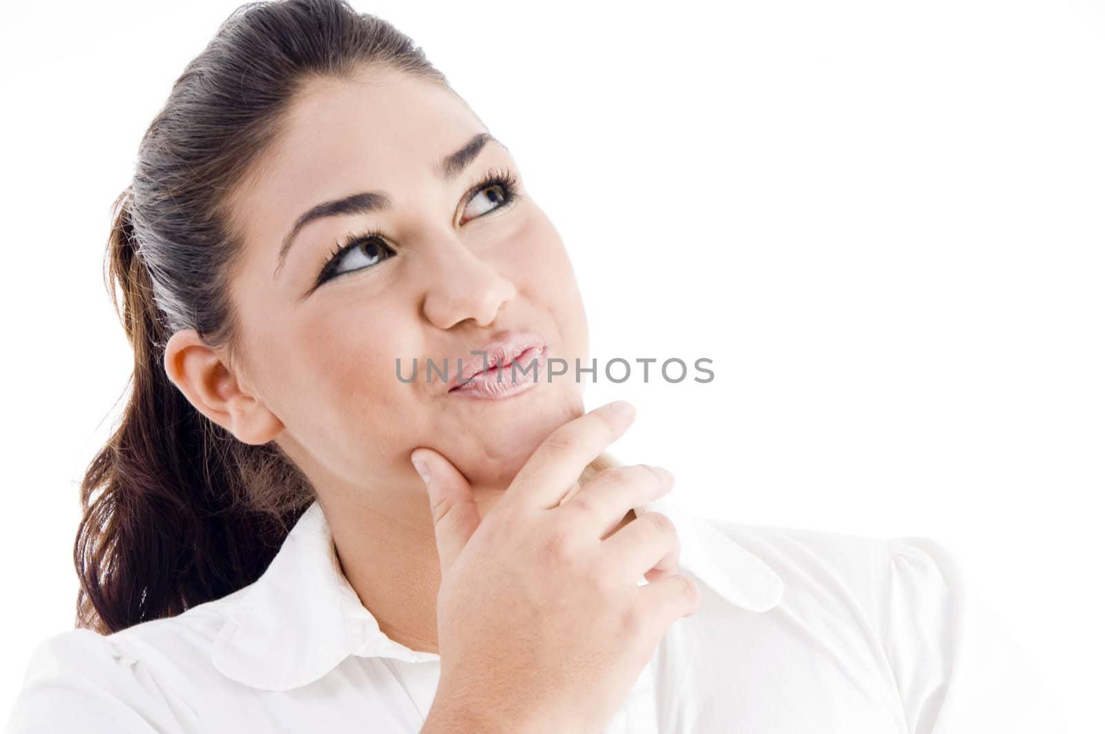 young attractive woman thinking on an isolated white background