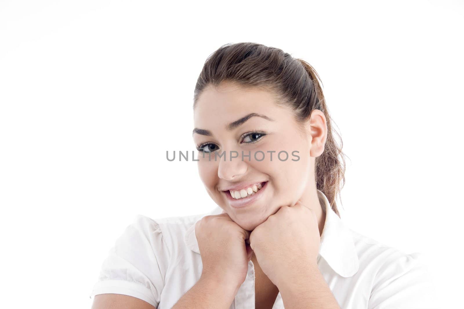 beautiful young female smiling on an isolated white background
