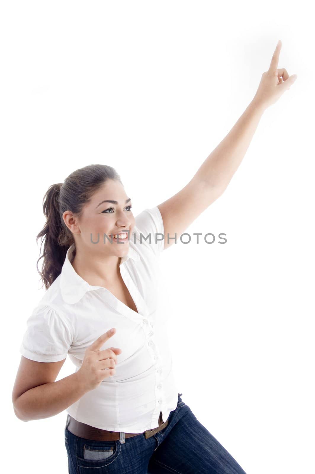 young american model with pointing fingers on an isolated background