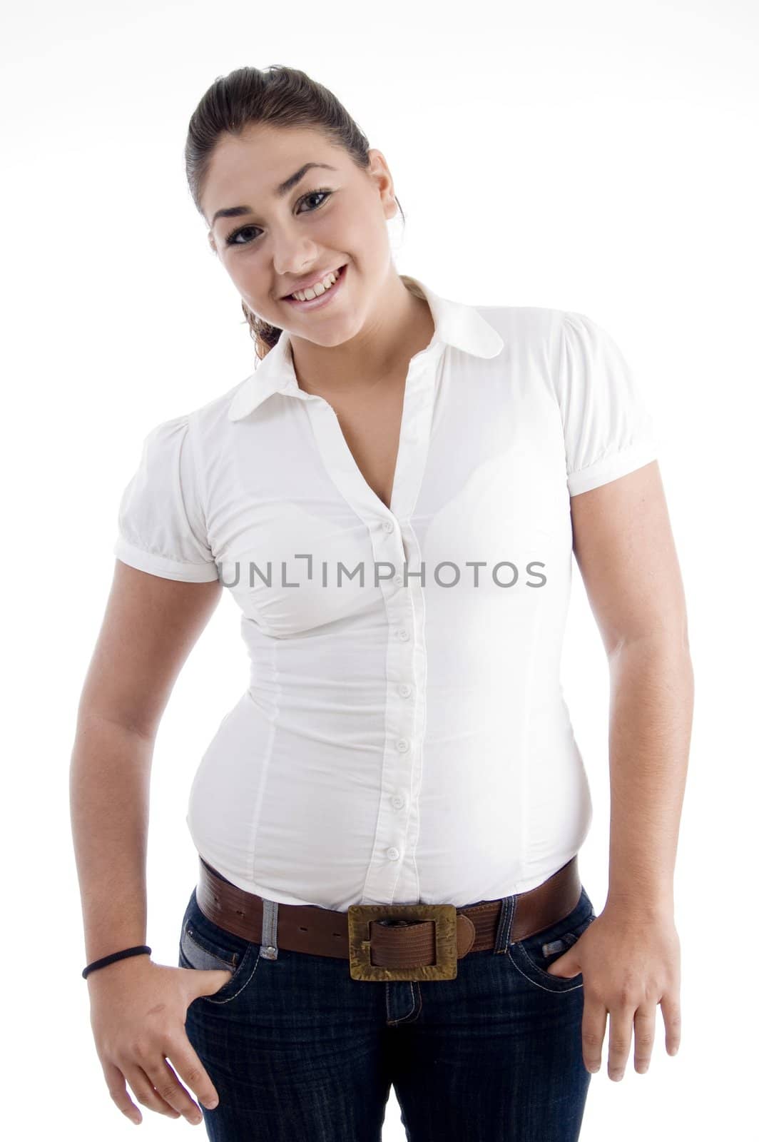 young american model posing and looking at camera against white background