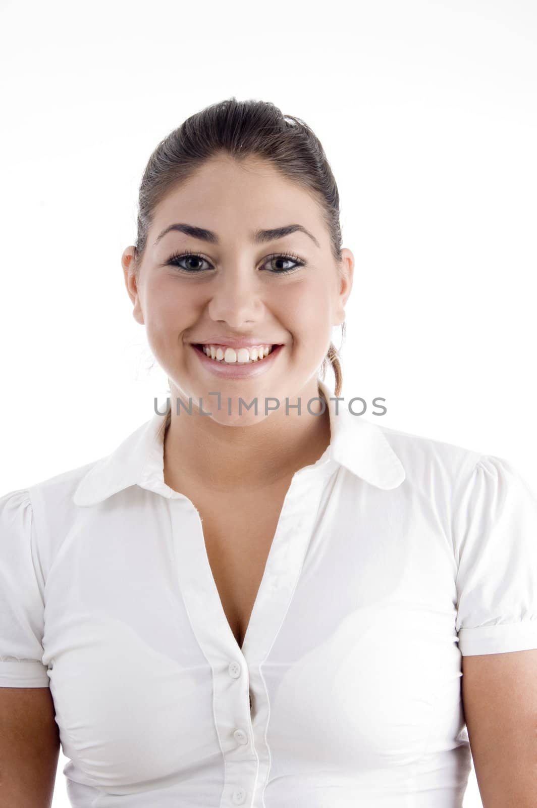 portrait of beautiful young female against white background