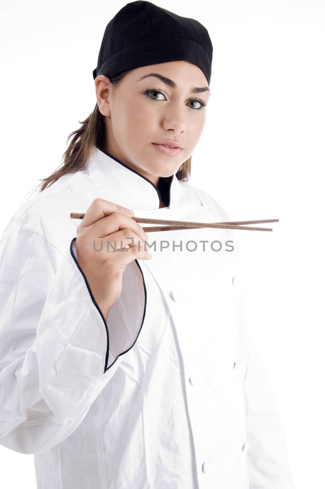 professional female chef holding chopstick with white background