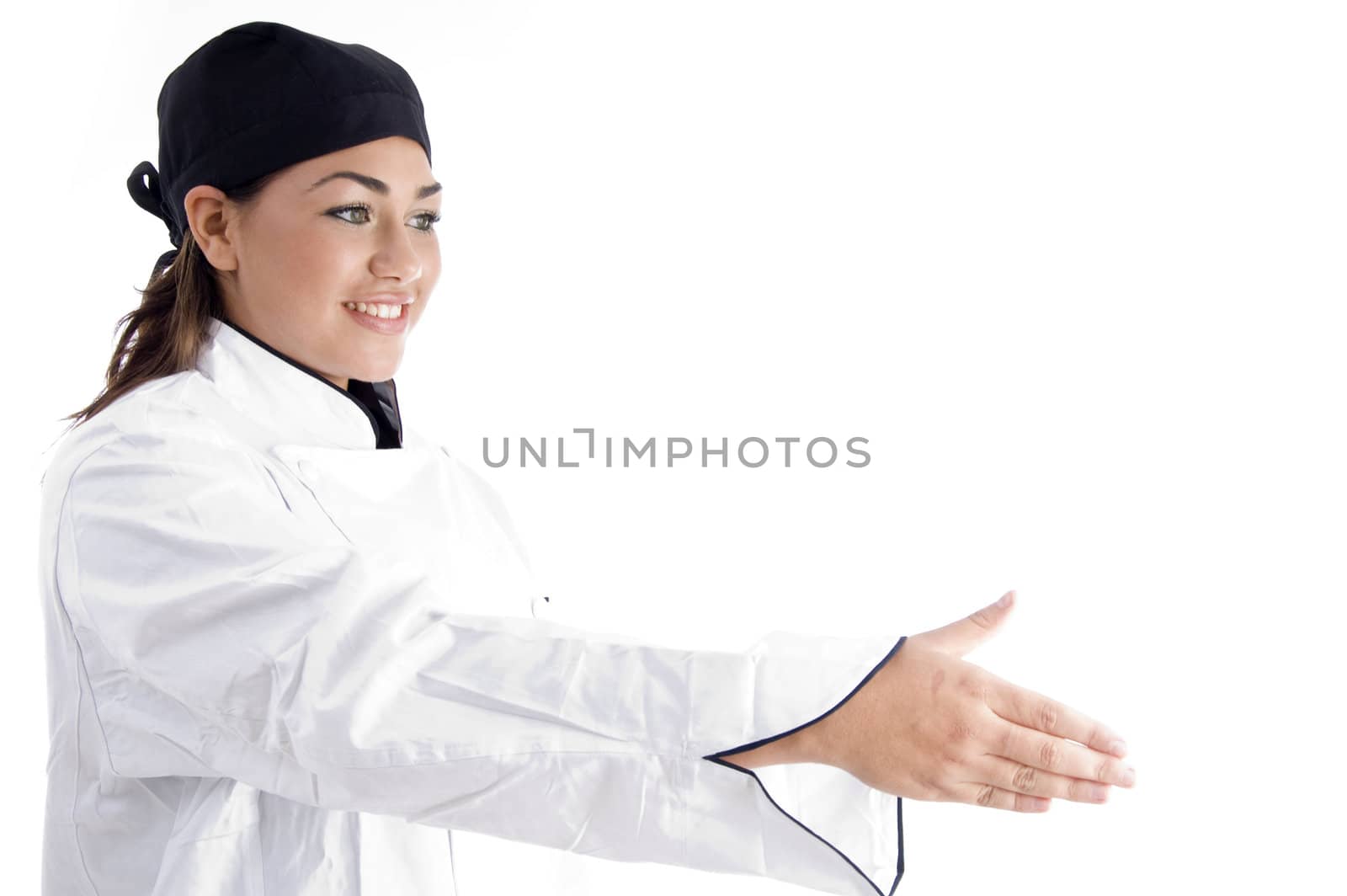 beautiful female chef offering handshake of someone with white background