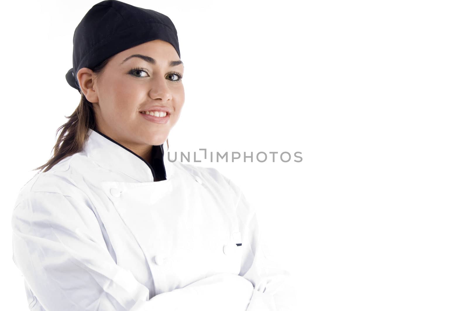 close up view of professional female chef on an isolated white background