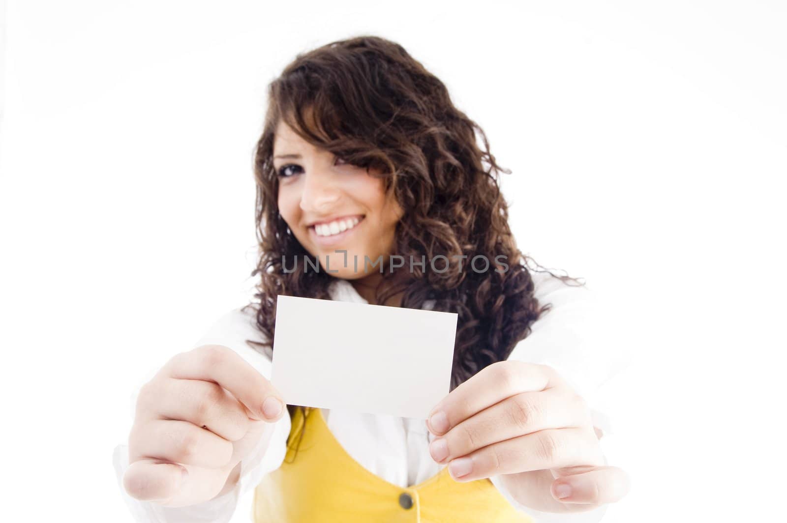 successful female holding business card and showing in front of camera on an isolated background