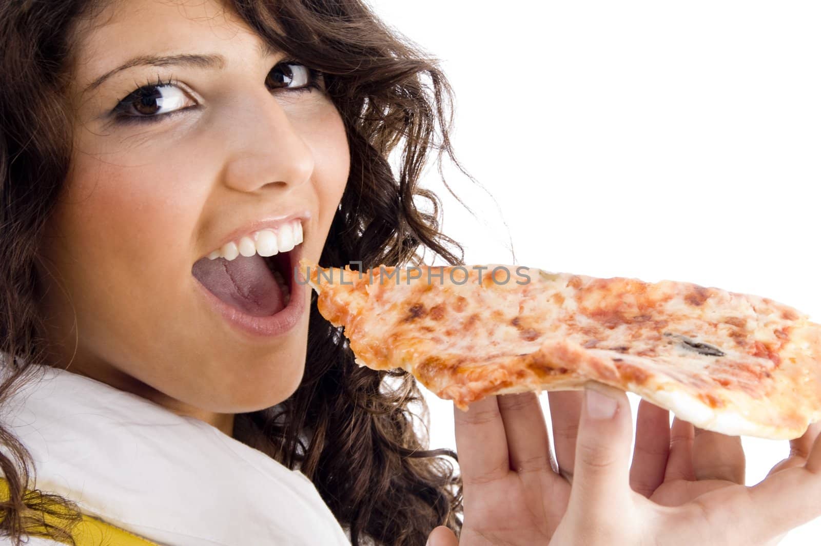 pretty woman eating delicious pizza against white background