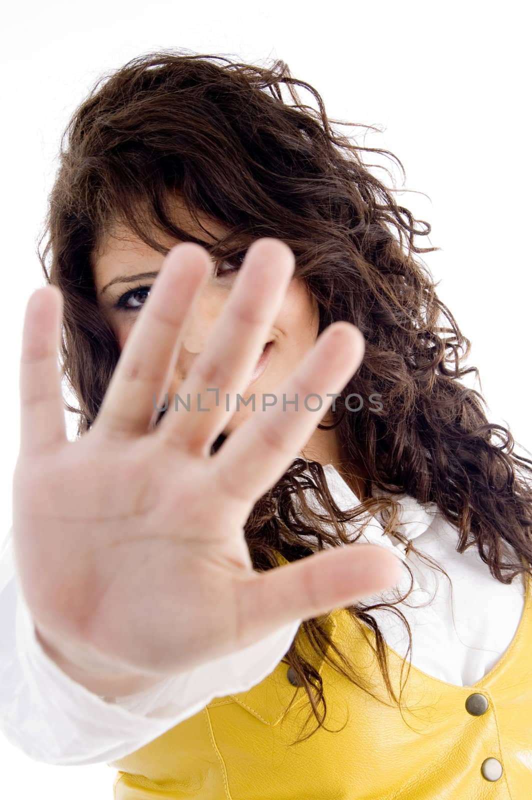 pretty woman stopping someone with open palm with white background