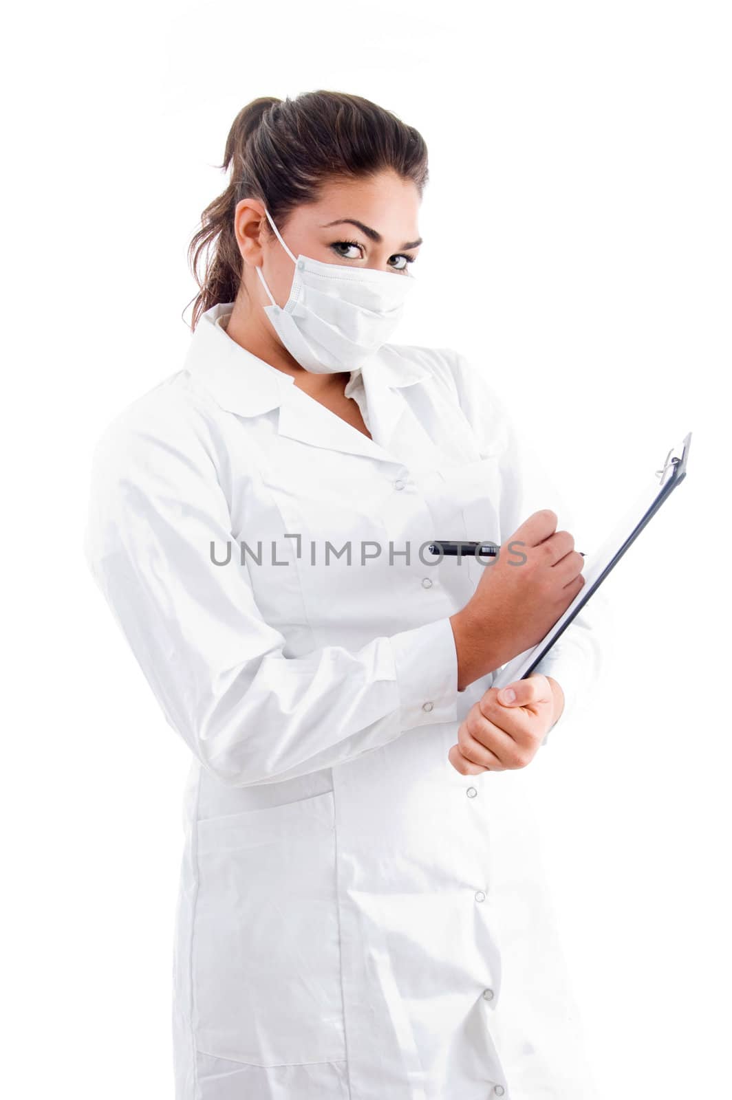 female doctor writing medical prescription on an isolated white background