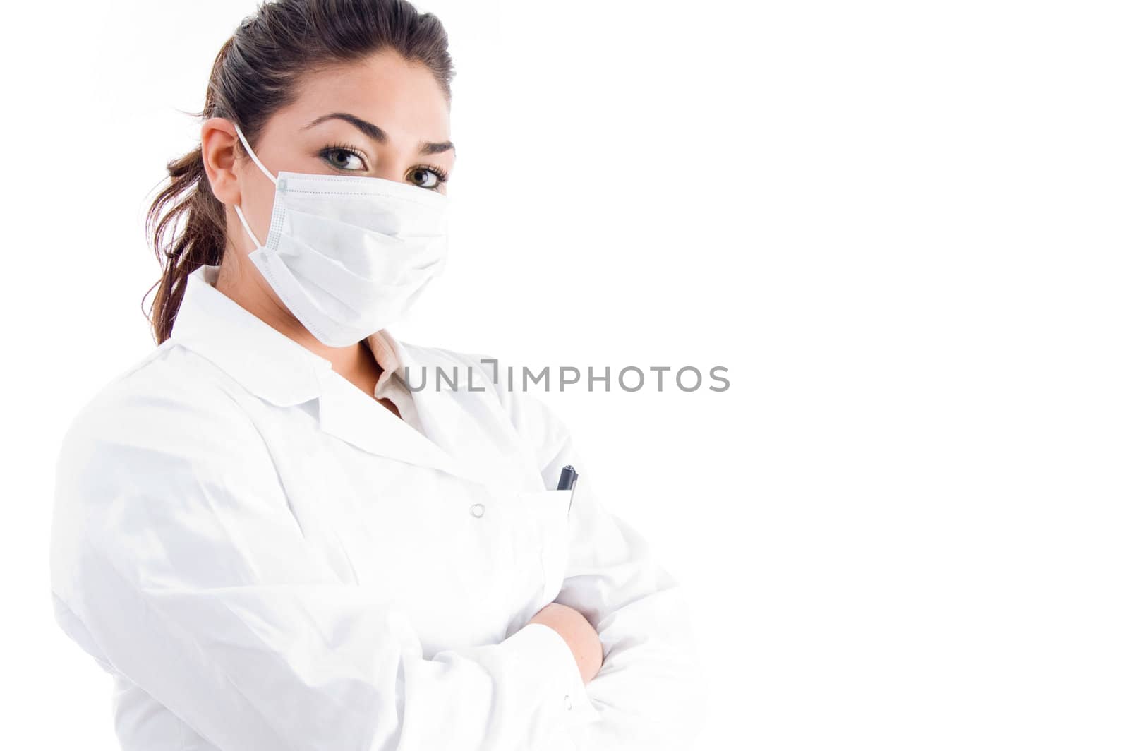 portrait of doctor with mask and folded hands on an isolated white background