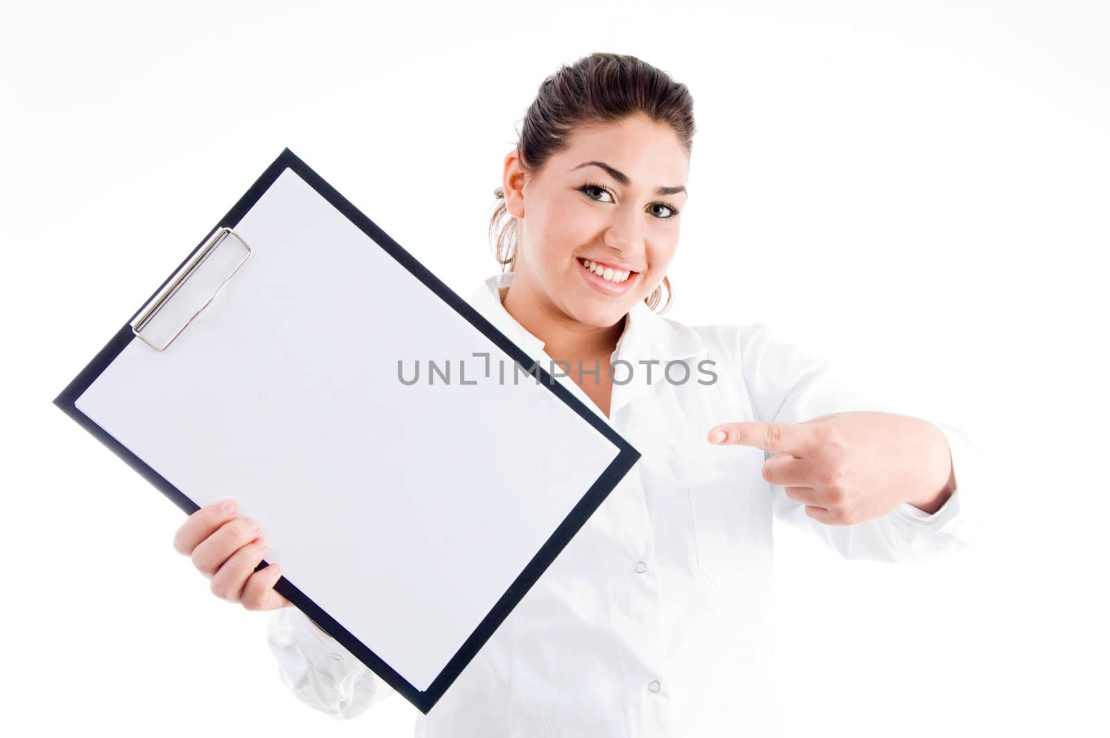 portrait of doctor pointing notepad on an isolated background