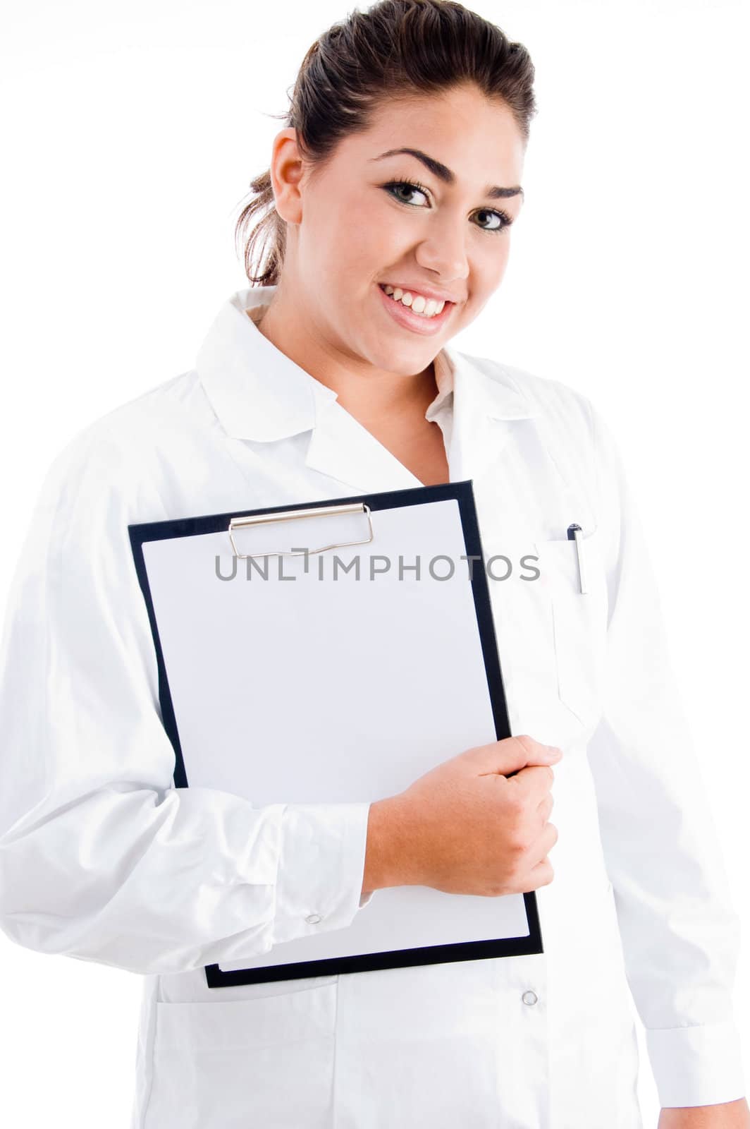 young female doctor holding writing pad on an isolated background