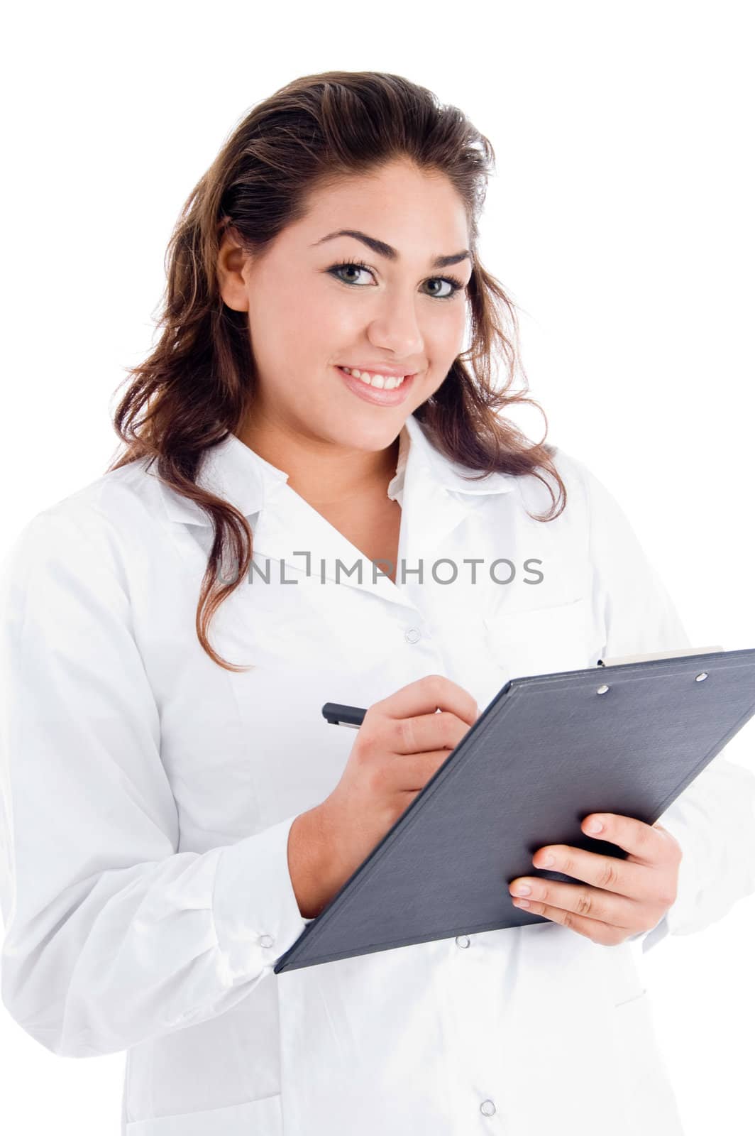 female doctor giving prescription on an isolated background