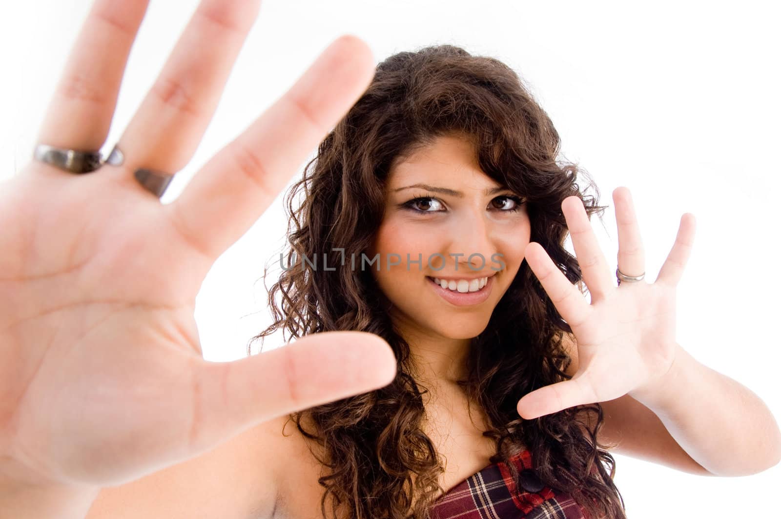 portrait of female showing palms on an isolated white background