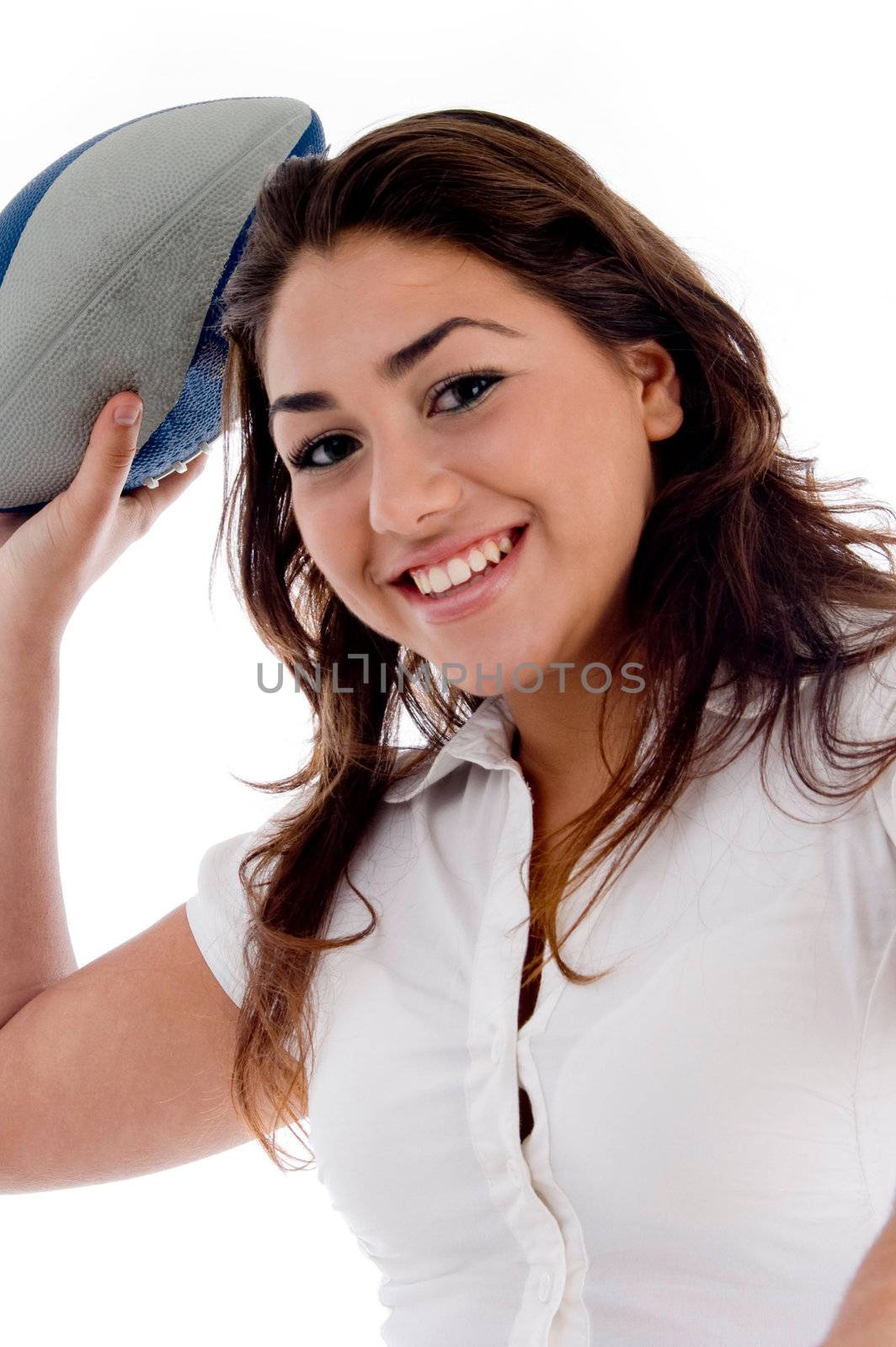 smiling woman with rugby ball by imagerymajestic