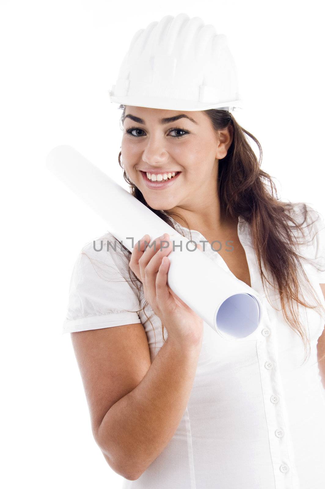 smiling architect holding blueprint on an isolated white background