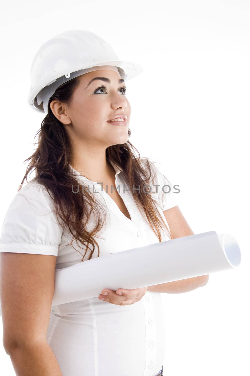 architect with helmet and hardhat and looking upward with white background