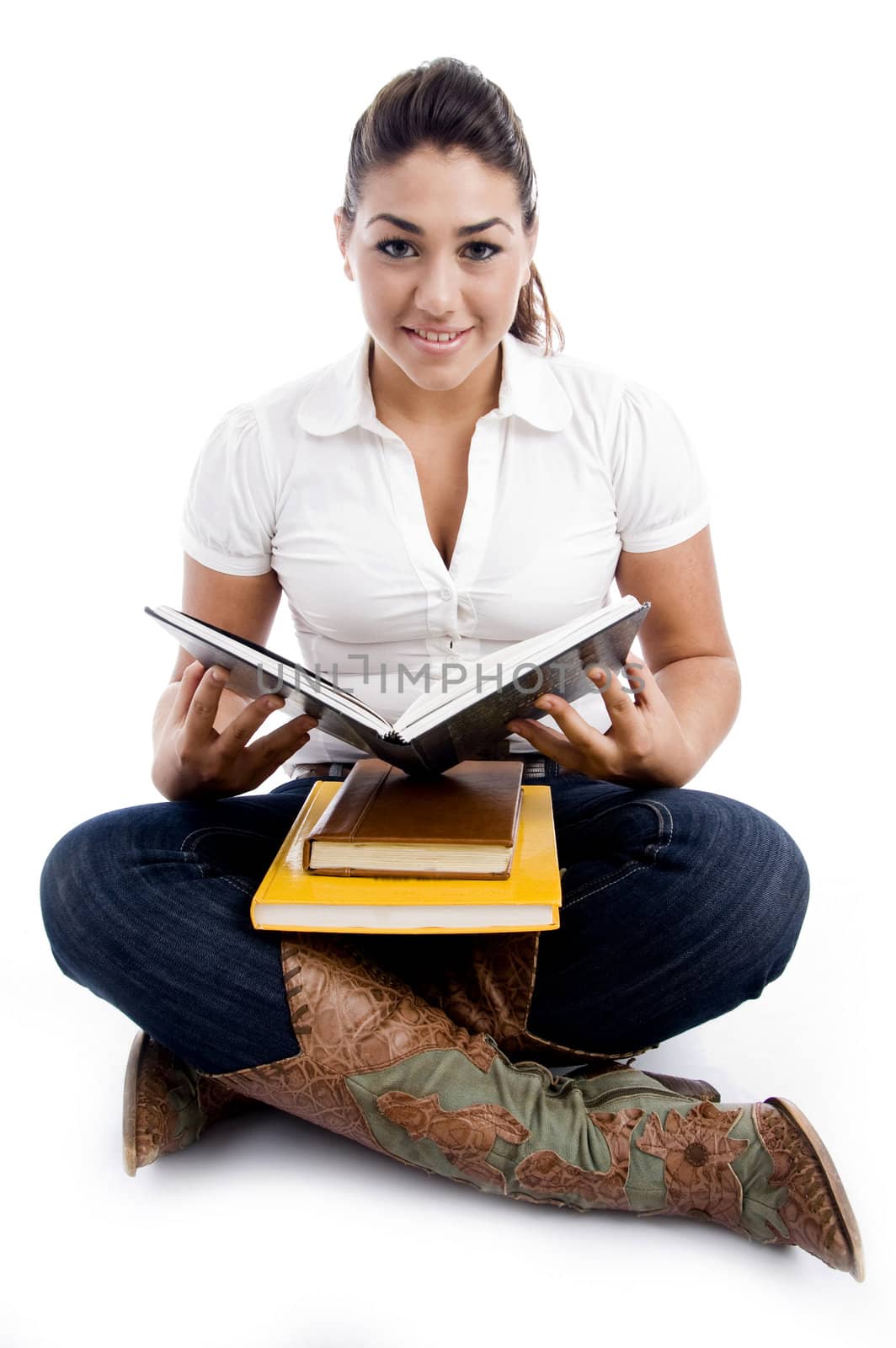 sitting woman going to read book on an isolated white background