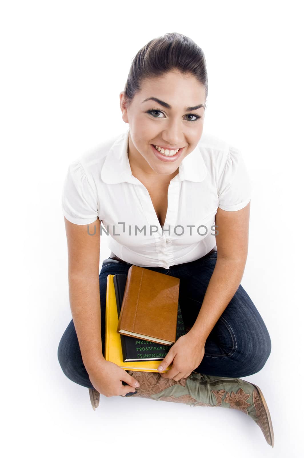 sitting female with books on an isolated background