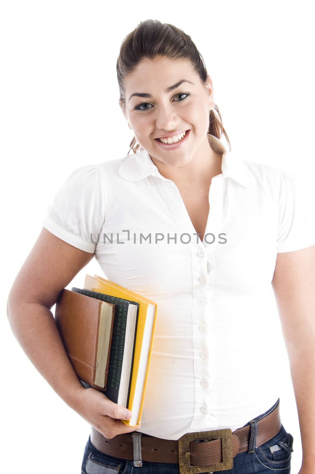 happy student with books on an isolated white background