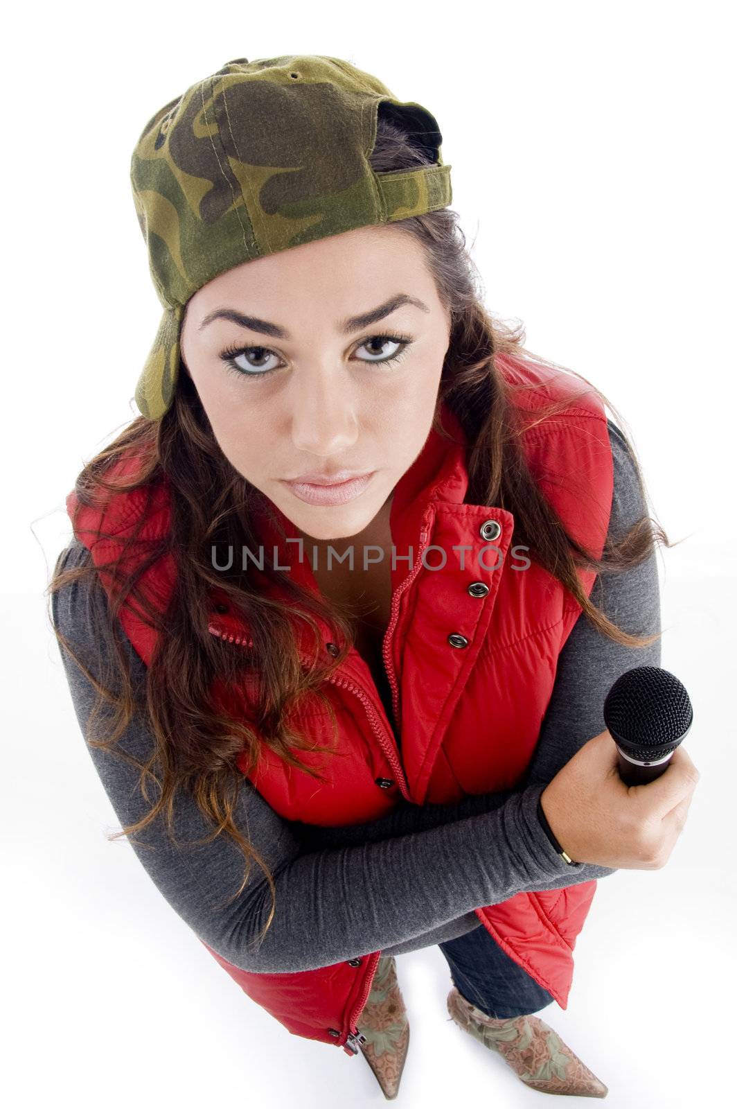 high angle view of woman with microphone on an isolated white background