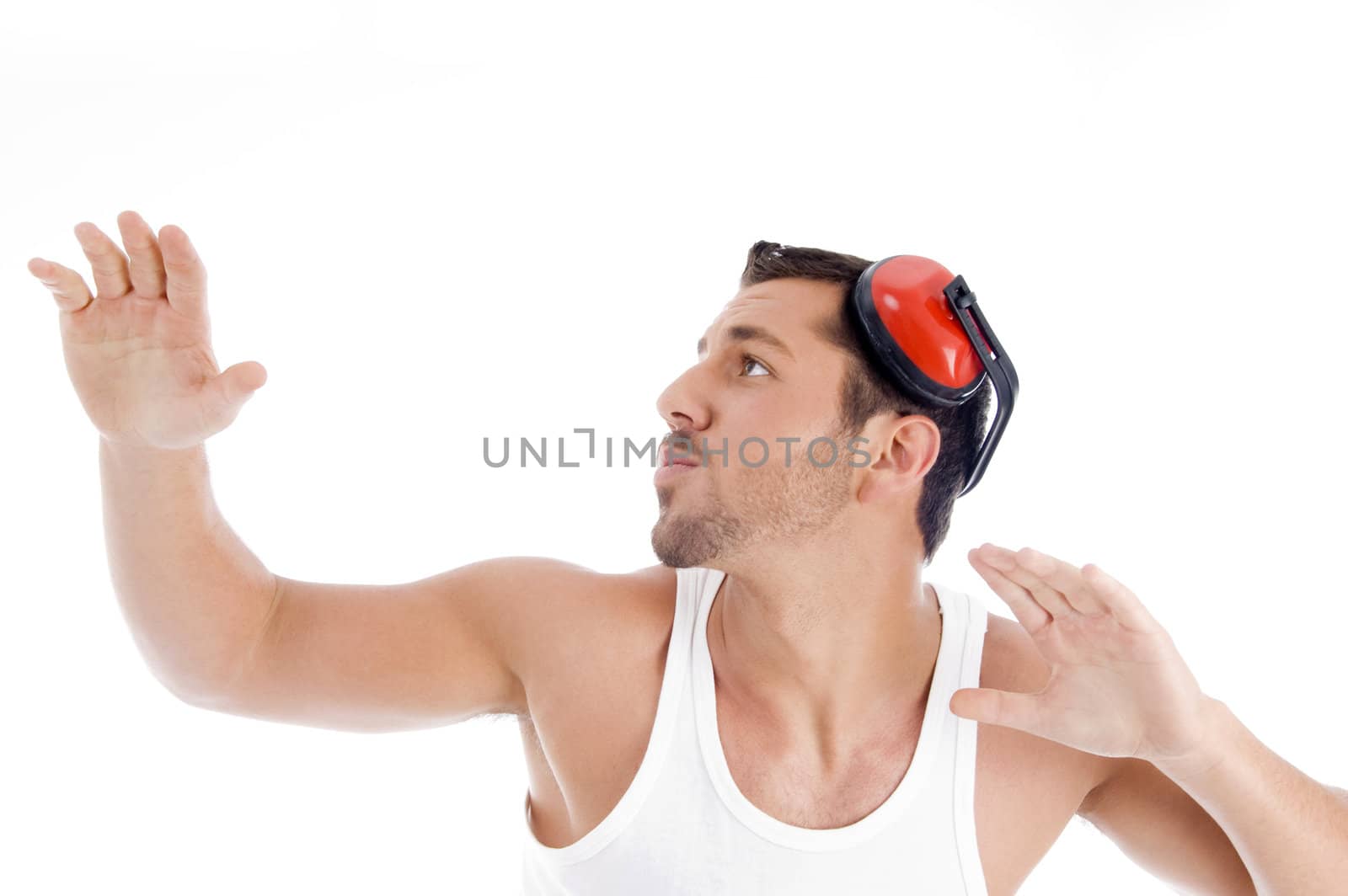 shirtless male dancing on music with white background