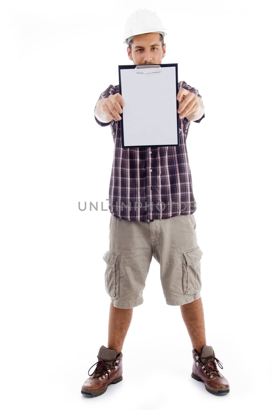 standing engineer showing writing pad on an isolated background