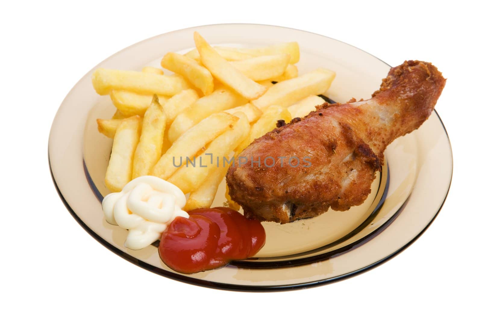 Fried chicken and french fries on a white background