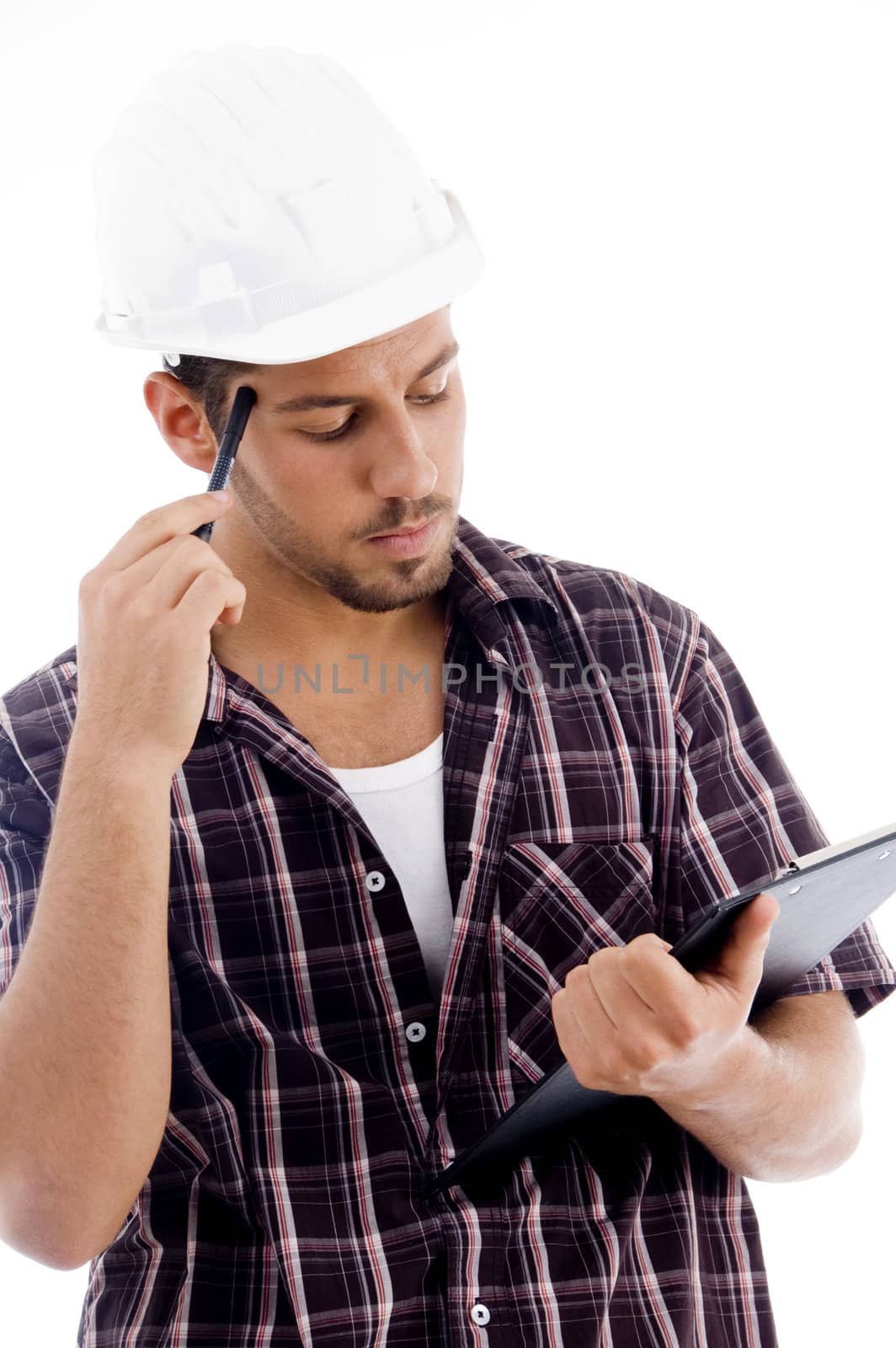 engineer analyzing report with white background