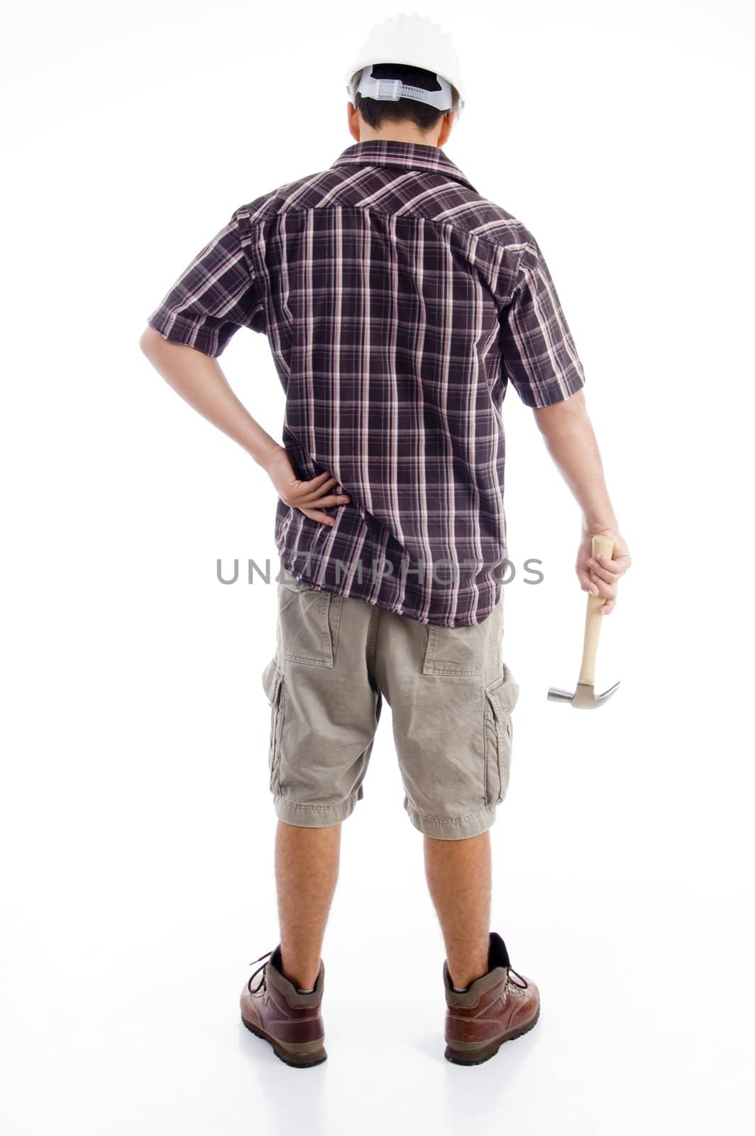 back pose of worker holding hammer with white background