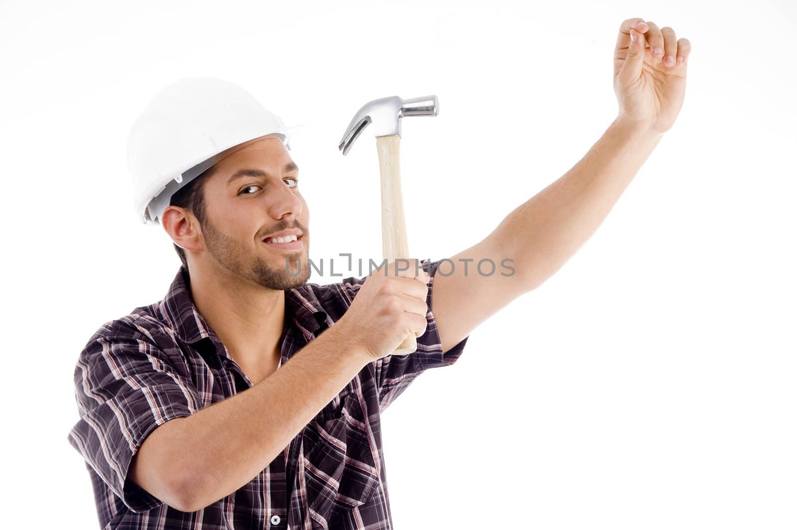 engineer in action with hammer against white background
