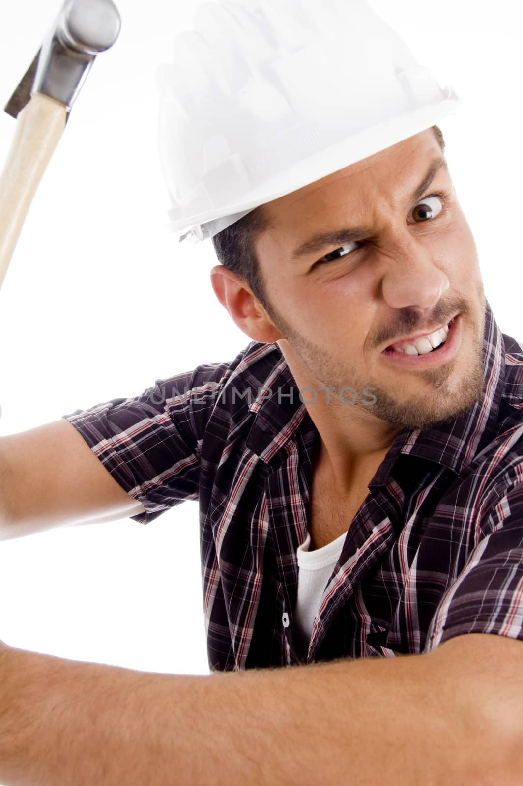 close up of architect with hammer against white background