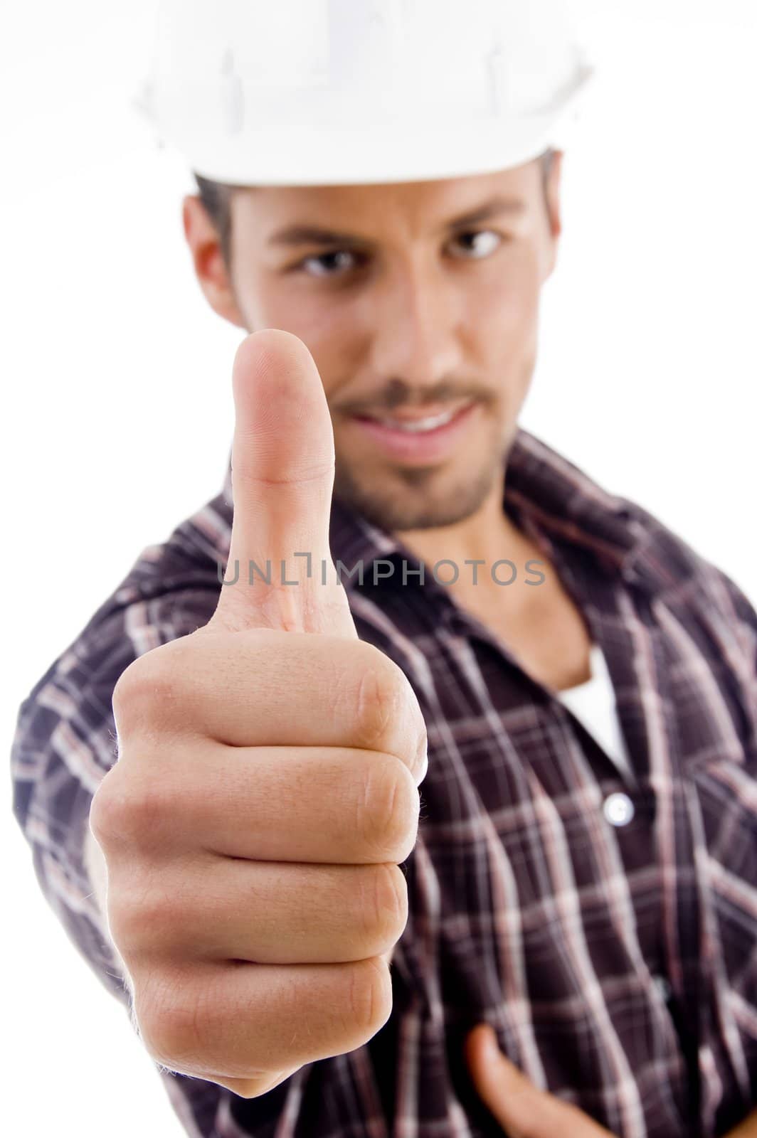 close up of thumbs up against white background