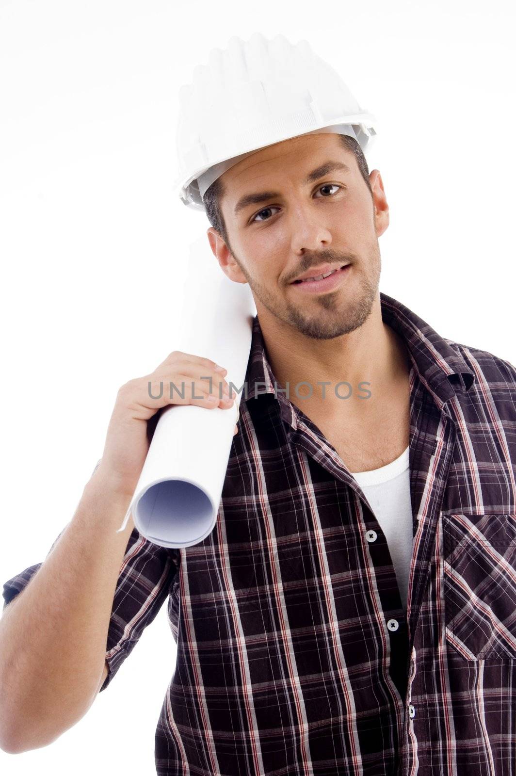 architect holding blueprint roll against white background