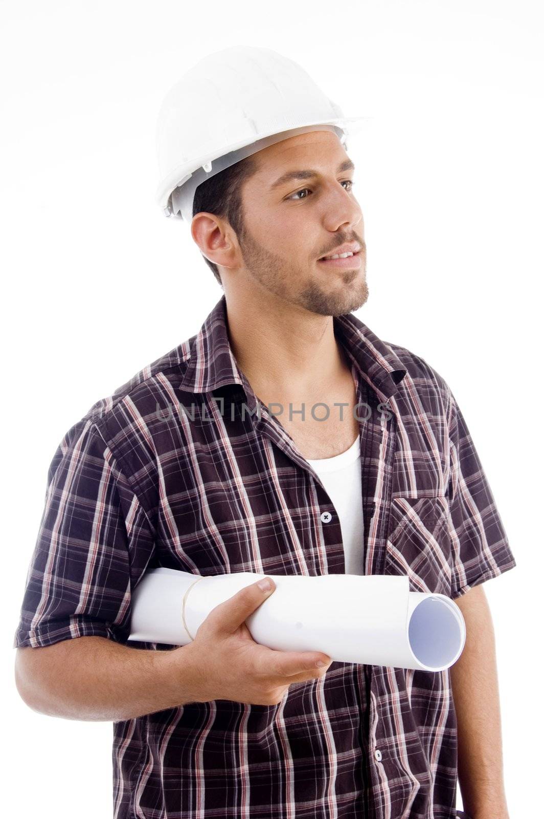 `young architect holding blueprint with white background