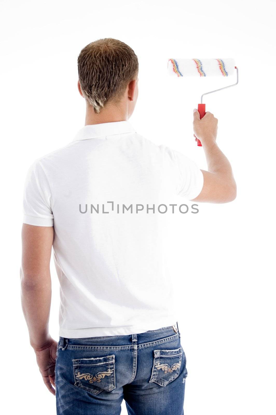 back pose of stylish painter against white background