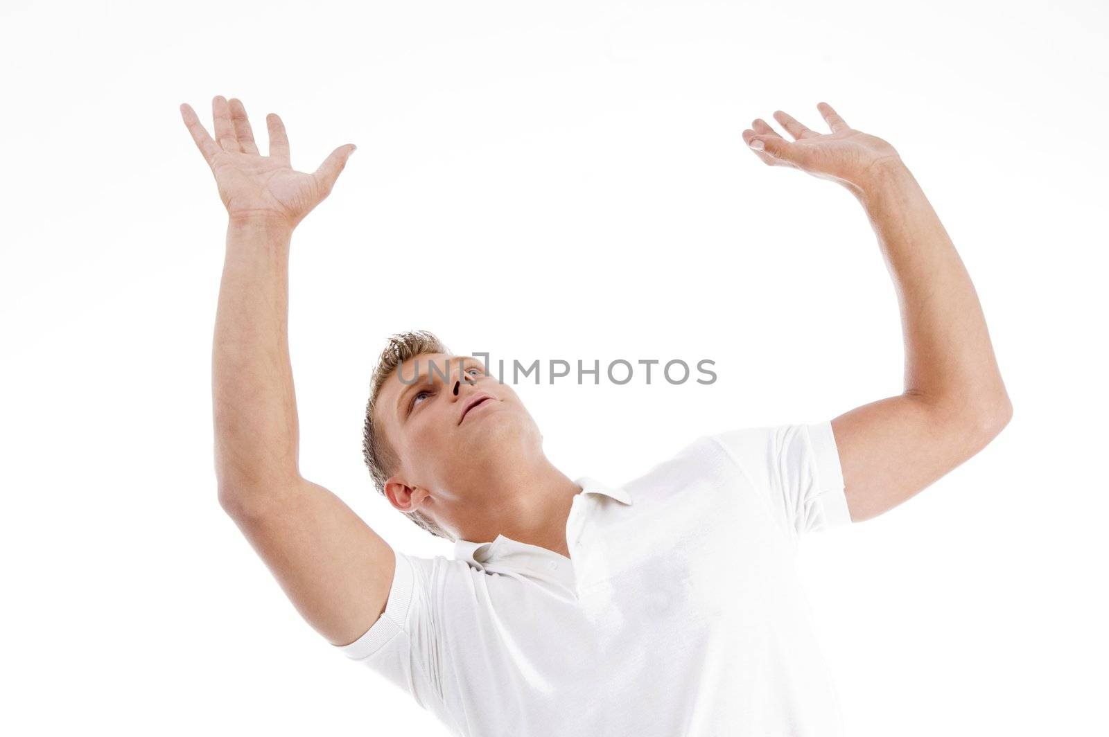 handsome male waving his hands with white background