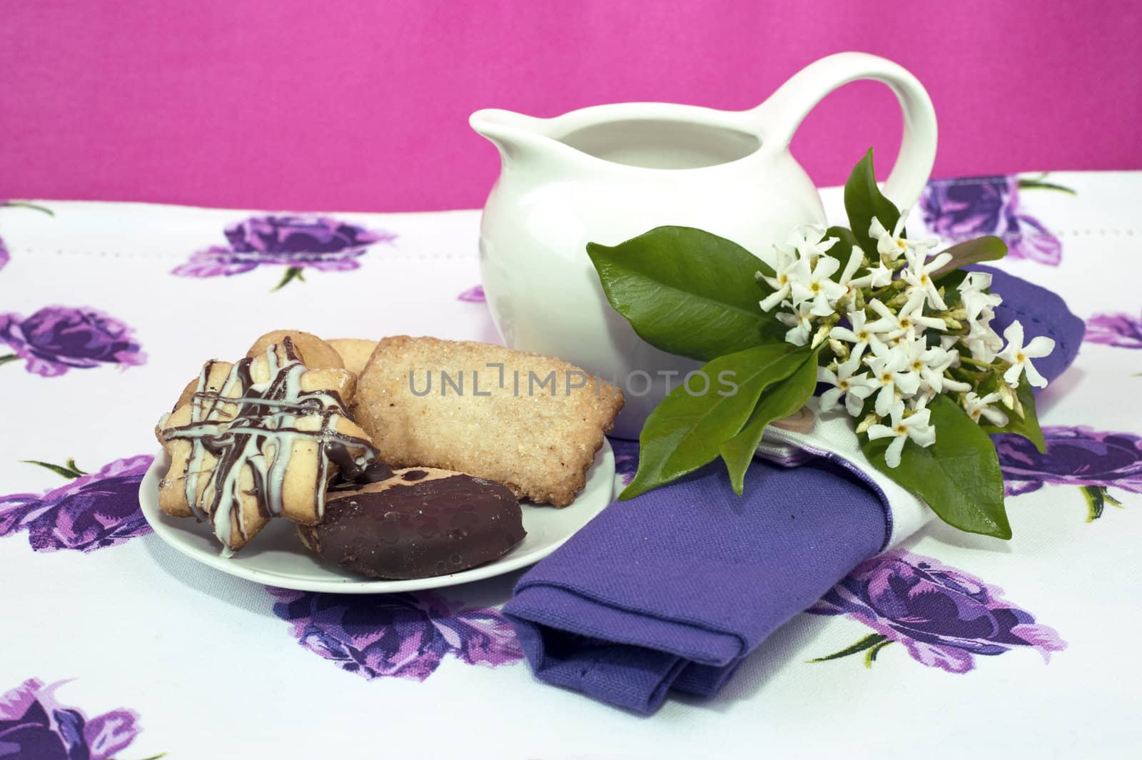 Romantic breakfast on colored background and contrasting