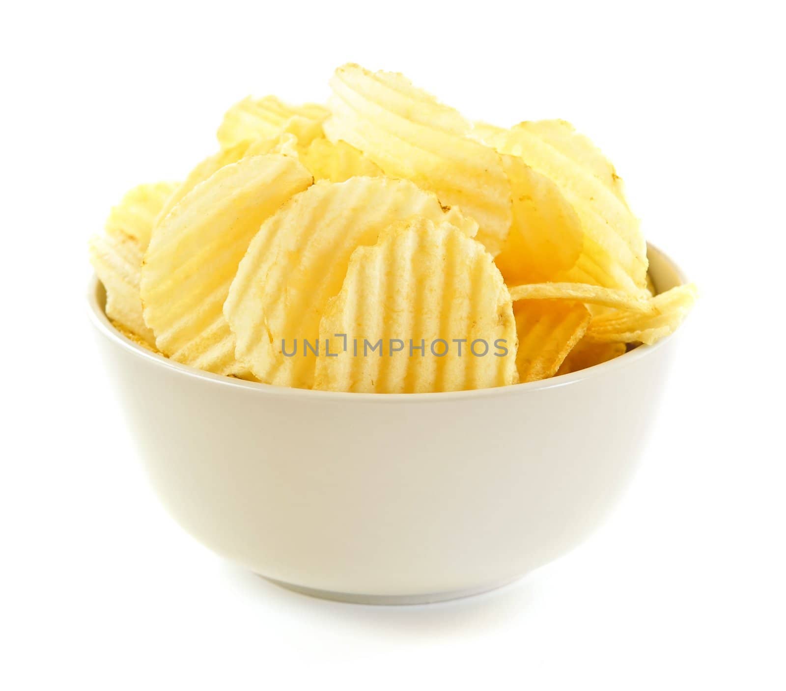 Bowl of potato chips isolated on white background