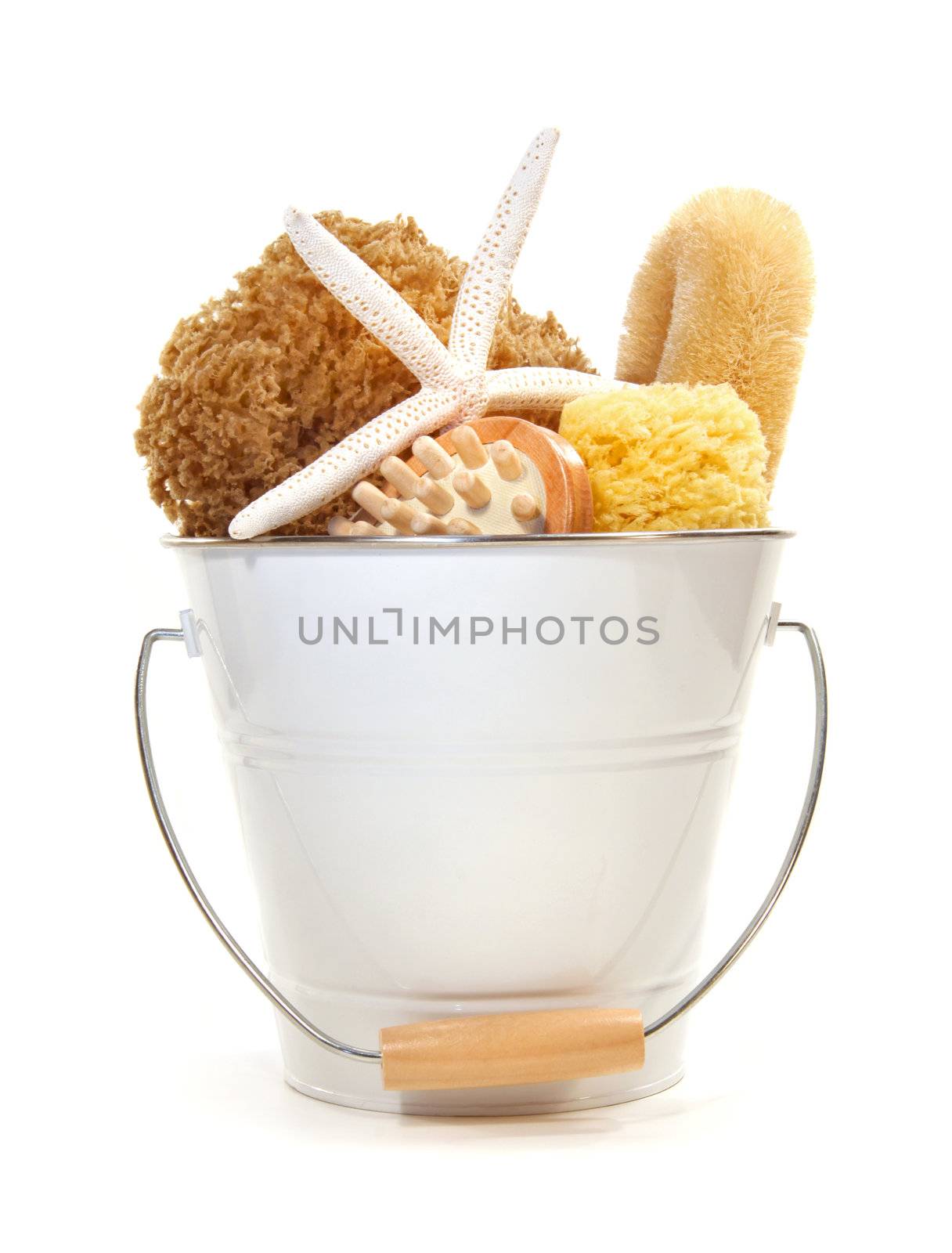 White bucket filled with sponges, brushes and starfish on white