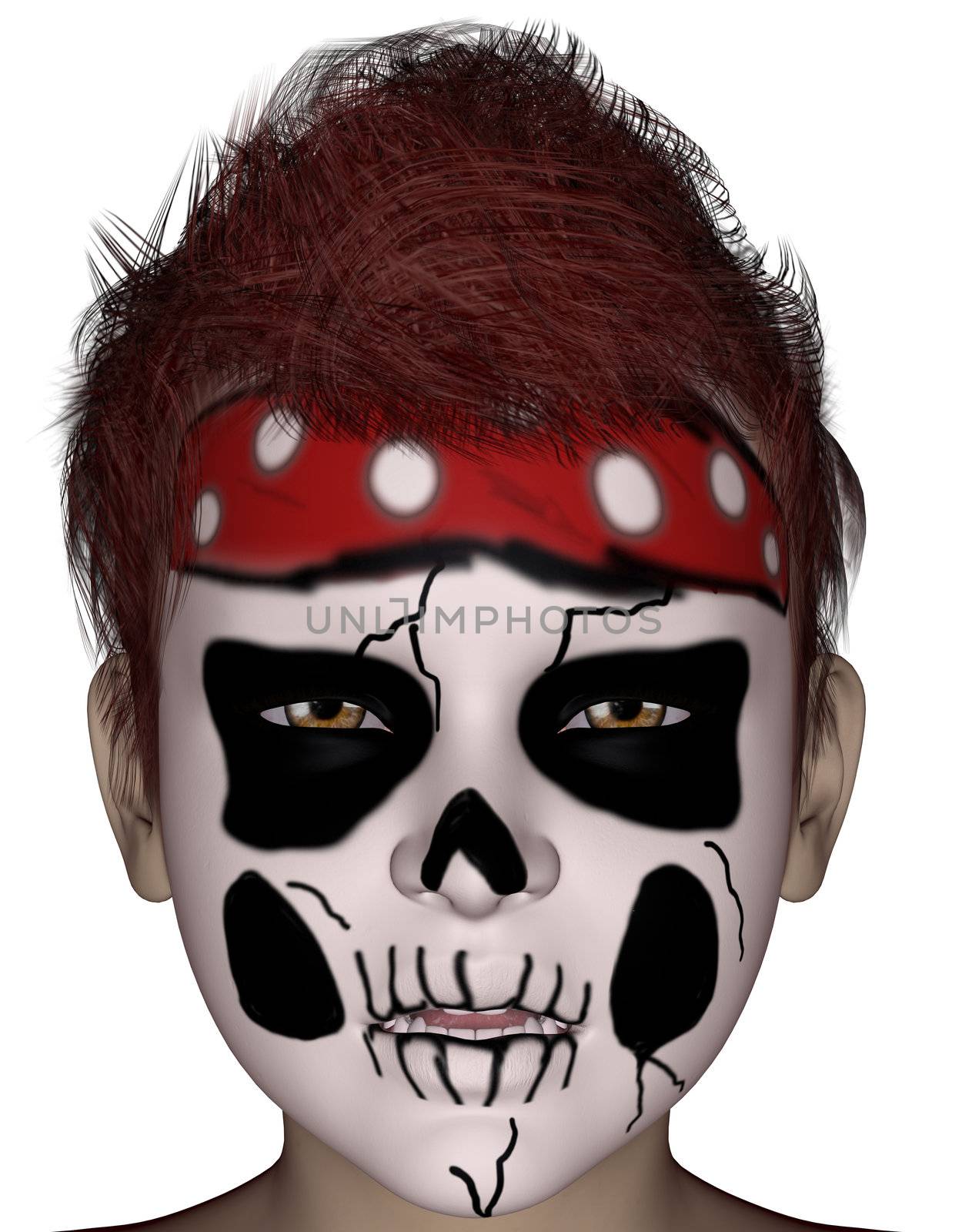 3D rendered halloween painting face mask on young boy face on white background isolated