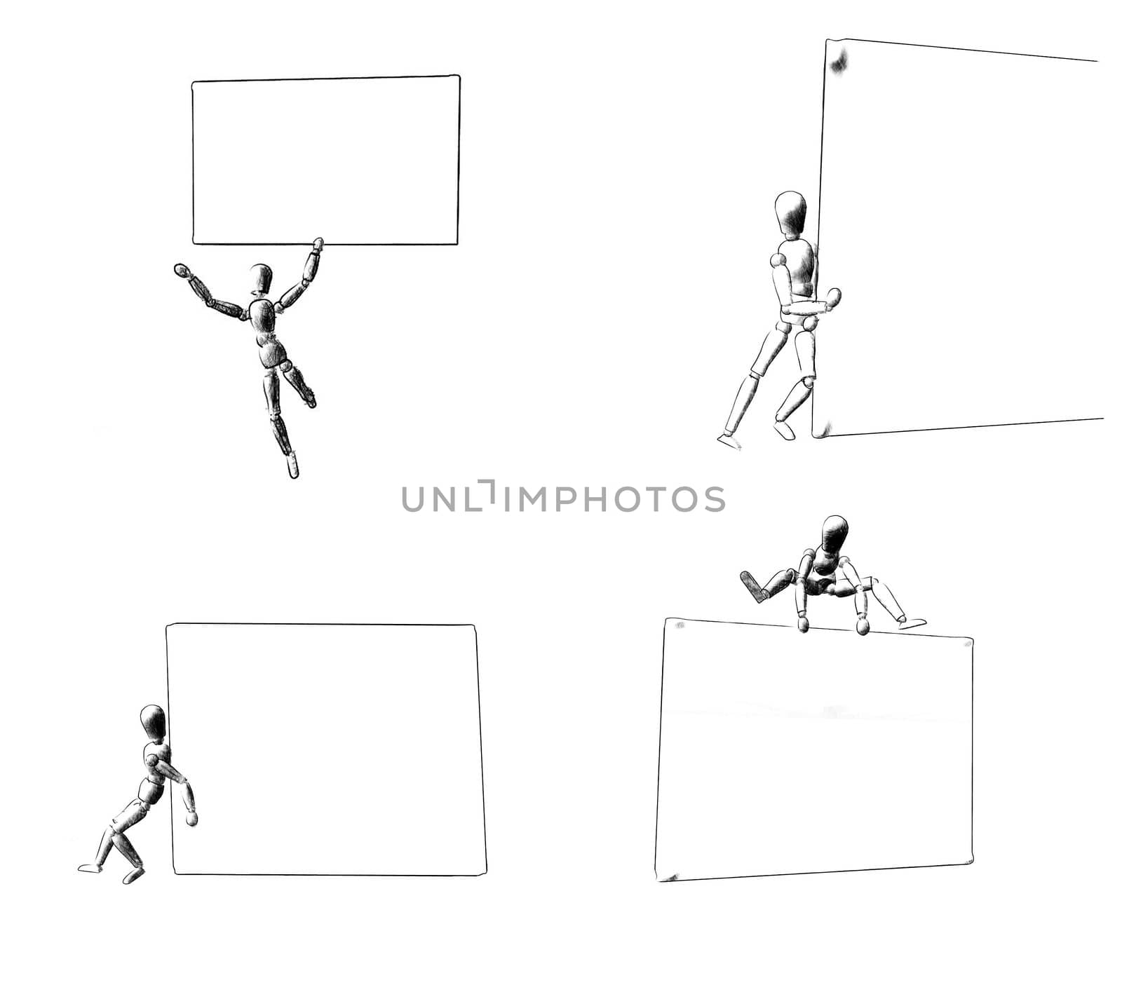 3d render of four figures with a billboard in four positions