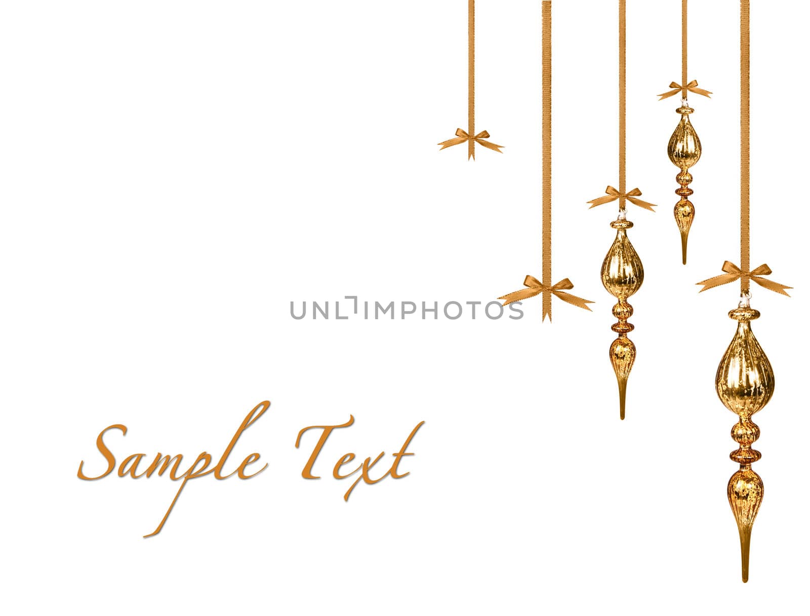 Gold Christmas Ornaments Hanging Beautifully on White Background With Copyspace