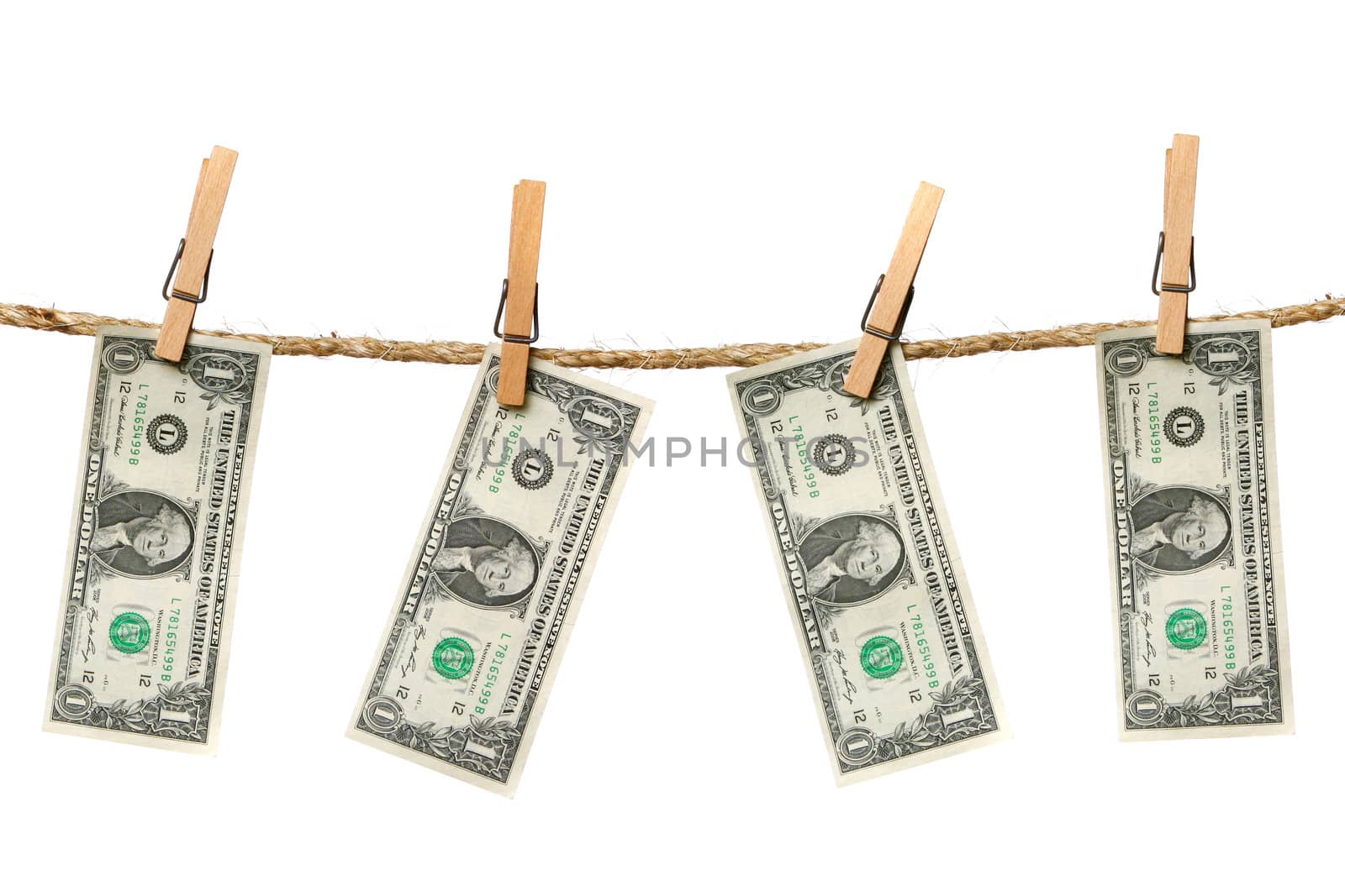 One Dollar Bills Hanging From a Rope Held By Clothespins